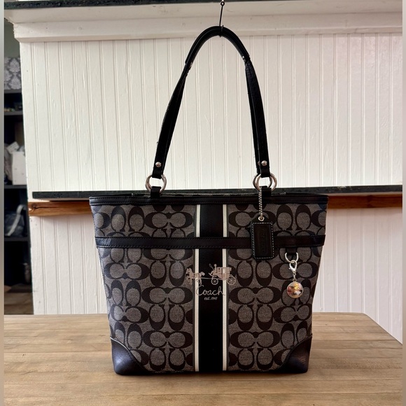Coach Black and Gray Heritage Stripe Tote Bag Purse with FREE Bag Charm - Picture 1 of 17